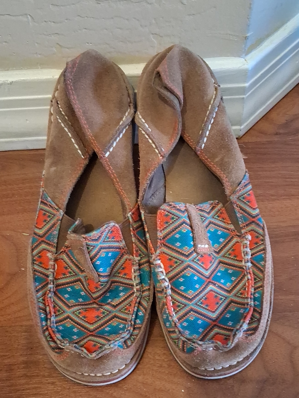Aria Brown Suede Moccasins with Teal & Orange Geometric Fabric
